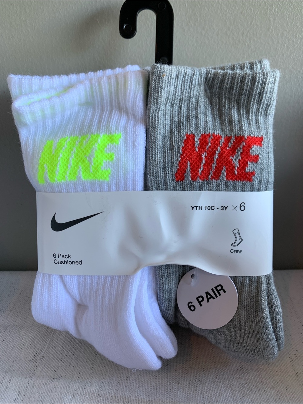 Nike Youth Crew Socks - White & Gray with Neon Yellow and Red Logos - 6 Pack